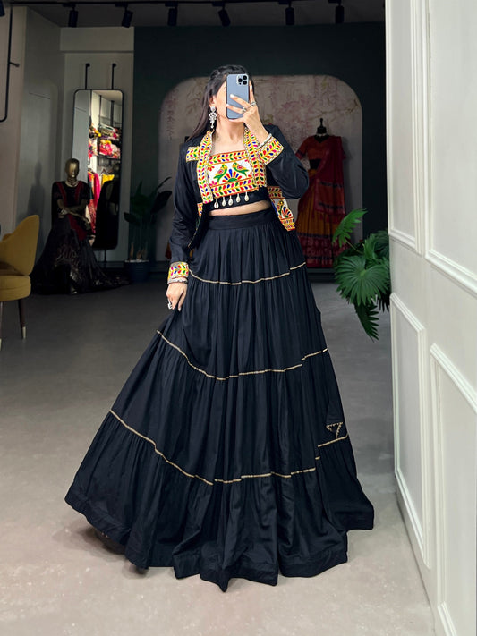 Black Pure Rayon Plain And Gamthi With Kodi Work Navaratri Lehenga Choli