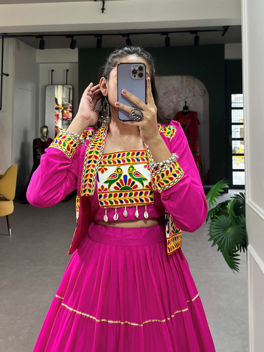 Pink Pure Rayon Plain And Gamthi With Kodi Work Navaratri Lehenga Choli