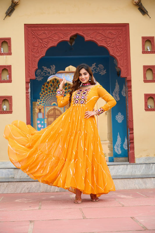 Musterd Laheriya Print With Kutchi Patchework Navratri Special Gown