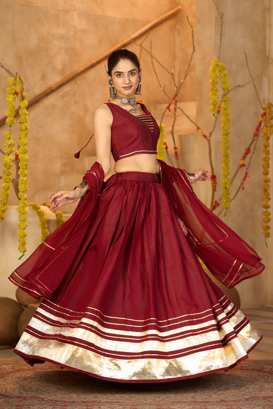Maroon Cotton Silk Navratri Lehenga Choli with Elegant Gota Patti Lace Work
