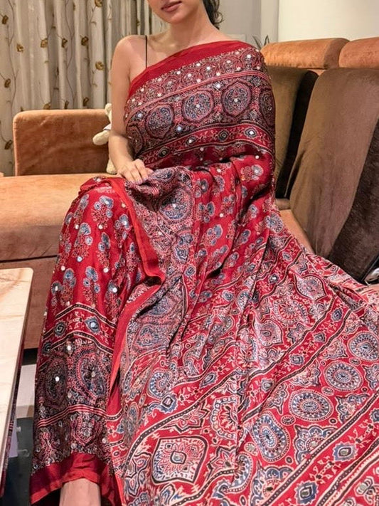 Netra Rusty Red 'Sheesha' Ajrakh Saree along with unstitched blouse