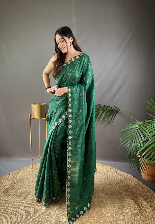 Bee Green Color Floral Embroidered Silk Blend Saree