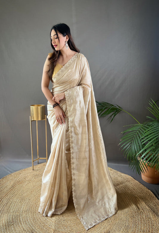 Chickoo Color Floral Embroidered Silk Blend Saree