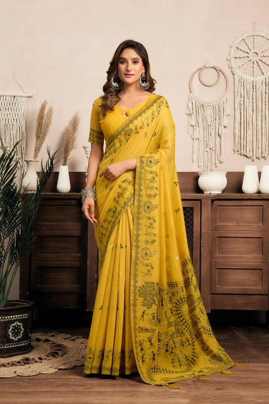 Mustard Yellow Warli Zari Silk Cotton Saree – Designer Ethnic & Festive Wear Saree for Women