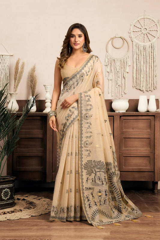 Beige Warli Zari Silk Cotton Saree – Elegant Ethnic & Festive Wear Designer Saree for Women