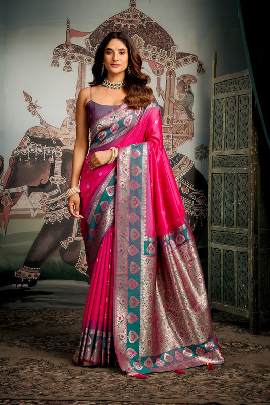 Mauvelous Pink Banarasi Soft Silk Saree – Designer Wedding Festive Party Wear Saree
