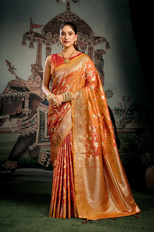 Orange Banarasi Premium Soft Silk With Gold Zari With Zhallar Saree With Blouse Piece