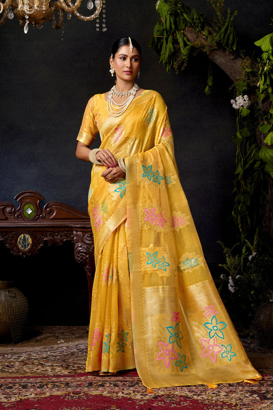 Lemon Yellow Woven Banarasi Organza Saree – Designer Wedding Festive Party Wear Saree