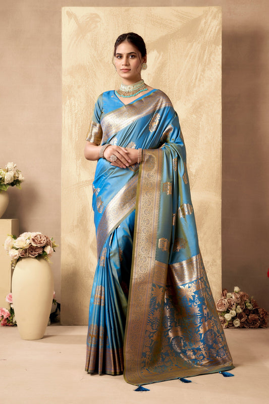 Sky Blue Ethnic Motifs Zari Art Silk Banarasi Saree with Tassels