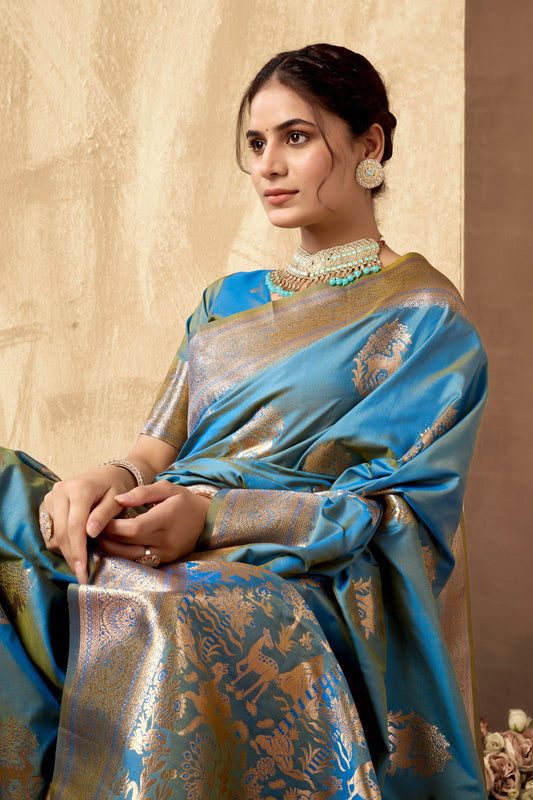 Sky Blue Ethnic Motifs Zari Art Silk Banarasi Saree with Tassels