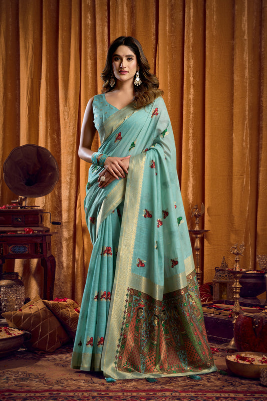 Sky Khadi Cotton Saree With Elegant Jhallar Border Paired With A Katha Work Modal With Mina & Zhallar
