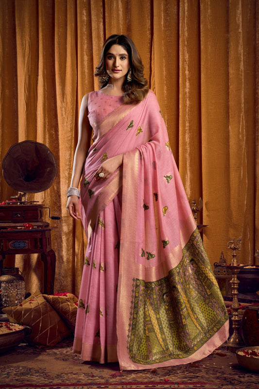 Pink Khadi Cotton Saree With Elegant Jhallar Border Paired With A Katha Work Modal With Mina & Zhallar