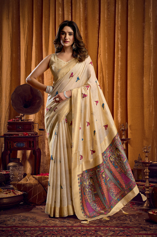 Cream Khadi Cotton Saree With Elegant Jhallar Border Paired With A Katha Work Modal With Mina & Zhallar