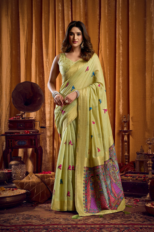 Pista Khadi Cotton Saree With Elegant Jhallar Border Paired With A Katha Work Modal With Mina & Zhallar