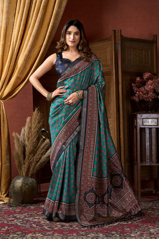 Teal Ethnic Motifs Zari Silk Blend Handloom Saree – Designer Festive Party Wear Saree