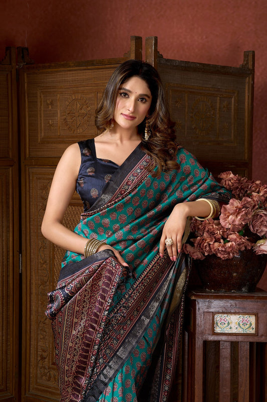Teal Ethnic Motifs Zari Silk Blend Handloom Saree – Designer Festive Party Wear Saree