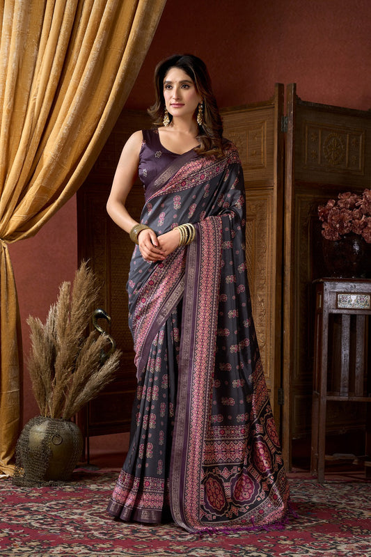 Grey Ethnic Motifs Zari Silk Blend Handloom Saree – Designer Festive Party Wear Saree