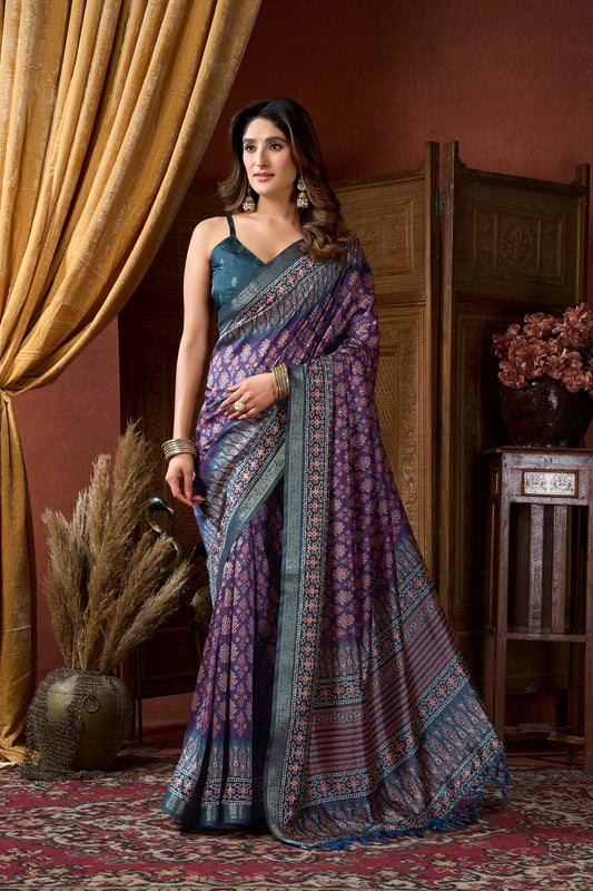 Purple Ethnic Motifs Zari Silk Blend Handloom Saree – Designer Festive Party Wear Saree