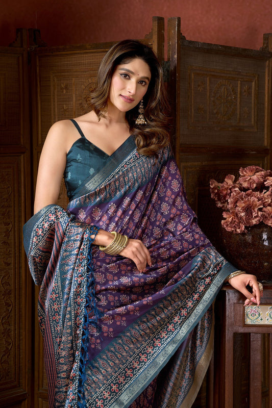 Purple Ethnic Motifs Zari Silk Blend Handloom Saree – Designer Festive Party Wear Saree