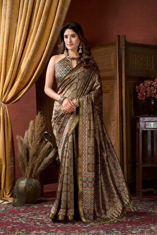 Brown Ethnic Motifs Zari Silk Blend Handloom Saree – Designer Festive Party Wear Saree