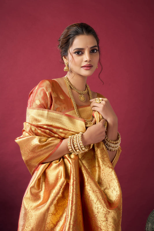 Orange Golden Woven Design Zari Tissue Banarasi Saree – Designer Wedding Festive Party Wear Saree