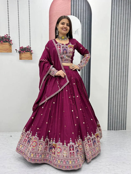 Women's Ethnic Navratri Maroon Lehenga Choli with Embroidered Blouse & Bandhani Dupatta