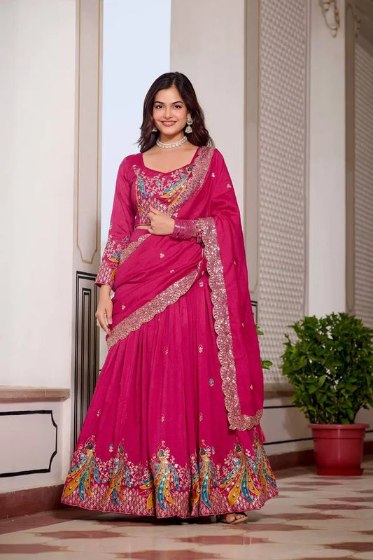 Women's Ethnic Navratri Pink Lehenga Choli with Embroidered Blouse & Bandhani Dupatta