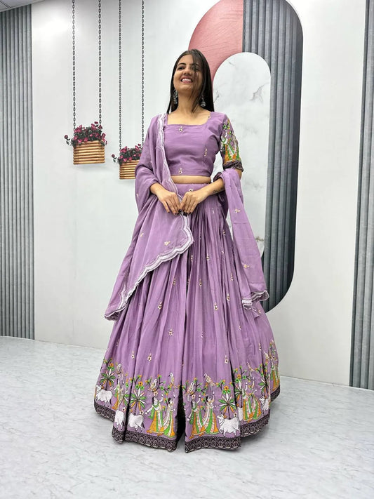 Women's Ethnic Navratri Purple Lehenga Choli with Embroidered Blouse & Bandhani Dupatta