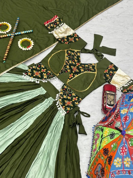 Women's Ethnic Navratri Green Lehenga Choli with Embroidered Blouse & Bandhani Dupatta