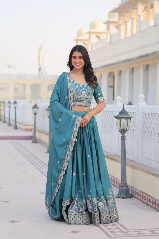 Women's Ethnic Navratri Teal Blue Lehenga Choli with Embroidered Blouse & Bandhani Dupatta