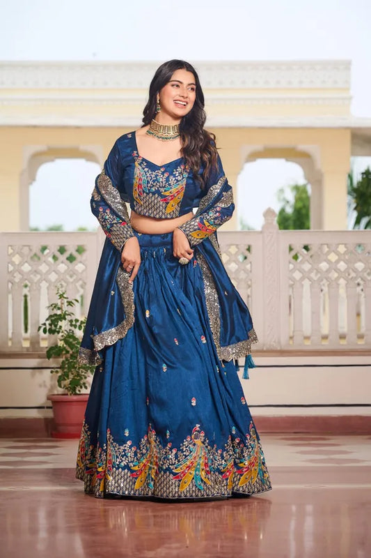 Women's Ethnic Navratri Blue Lehenga Choli with Embroidered Blouse & Bandhani Dupatta