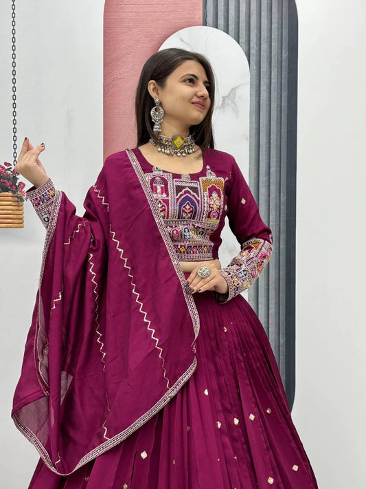 Women's Ethnic Navratri Maroon Lehenga Choli with Embroidered Blouse & Bandhani Dupatta