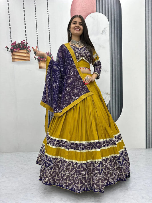 Women's Ethnic Navratri Yellow Lehenga Choli with Embroidered Blouse & Bandhani Dupatta