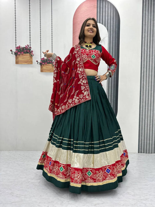 Women's Ethnic Navratri Green Lehenga Choli with Embroidered Blouse & Bandhani Dupatta