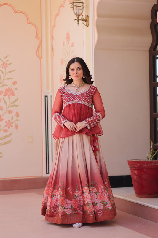 Gajri Elegant Floral Cosmos Print Lehenga Set with Embroidered Peplum Top