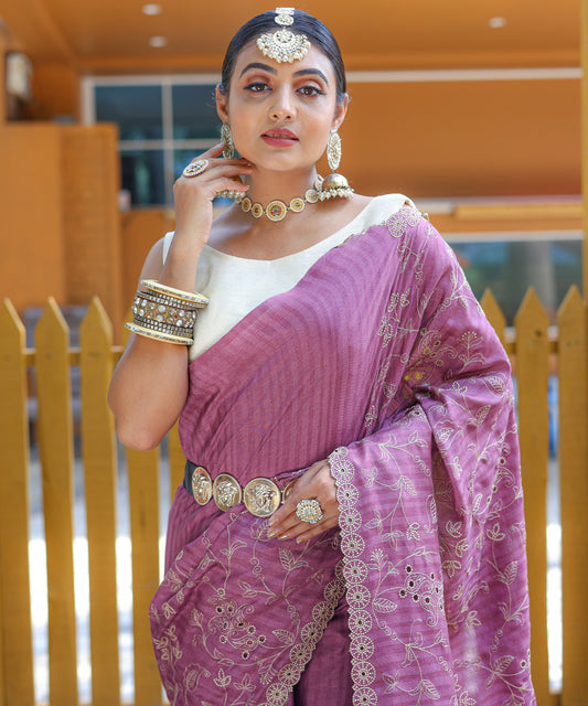 Onion Pink Aaisha Tussar Silk Embroidered Saree