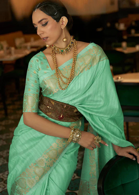 De York Green Zari Woven Tussar Silk Saree