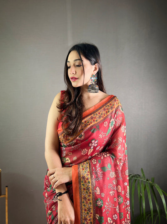 Maroon Pure Malai Cotton Women Floral Print with Contrast Border Saree