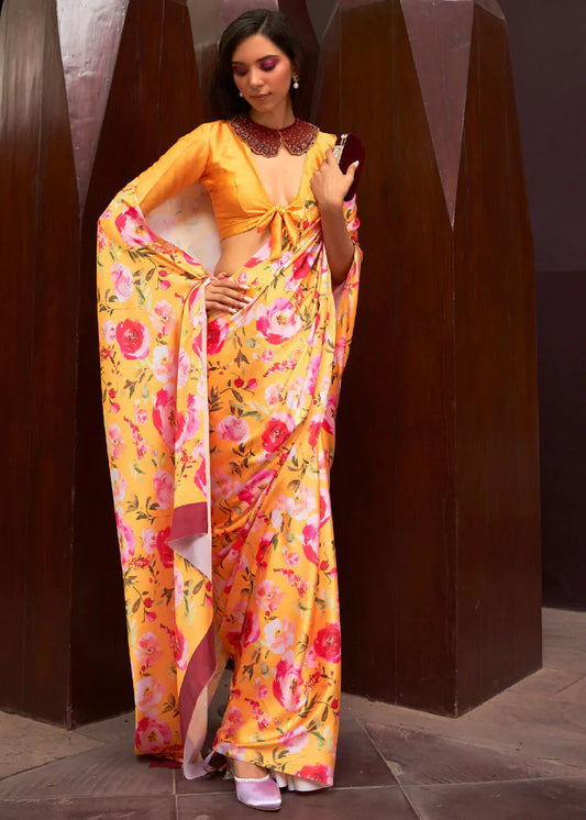 Goldenrod Yellow Floral Printed Satin Silk Saree