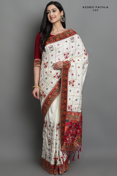 Patola Silk Saree | White, Red Panetar Wedding Saree | Doli Design Saree