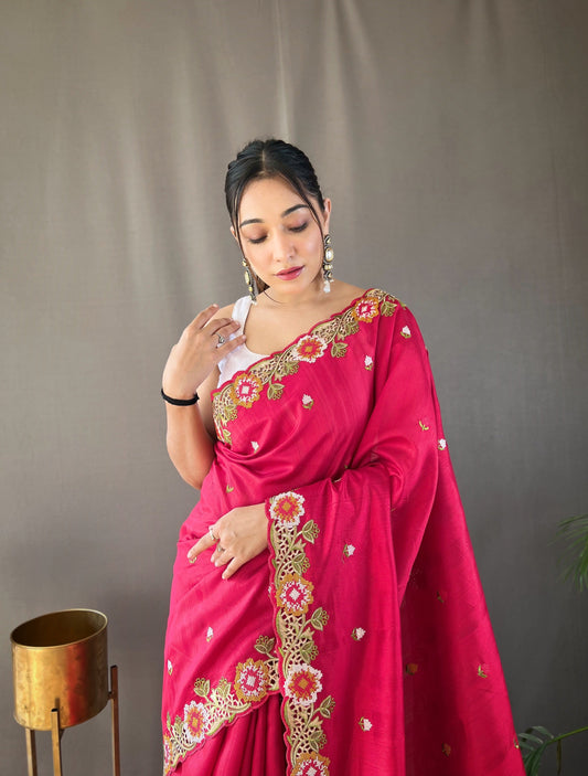 Pink Pure Tussar Silk Embroidery Work Saree