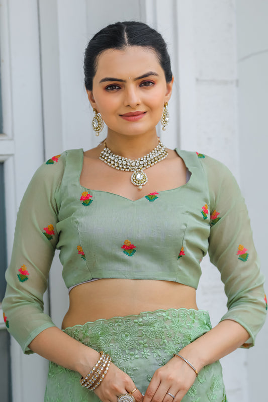 Pista Pure Shiny Zari Chiffon Saree With Beautiful Embroidory Work
