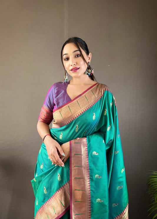 Rama Paithani Silk Zari Woven Saree