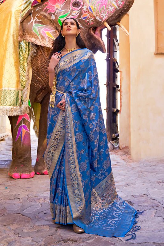 Cobalt Blue Soft Silk Saree In Handloom Weaving With Sequins