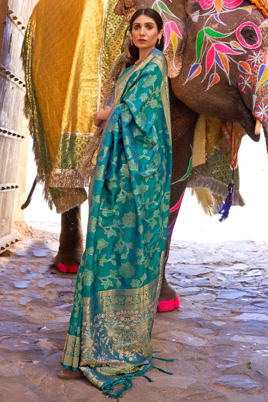 Teal Green Soft Silk Saree In Handloom Weaving With Sequins