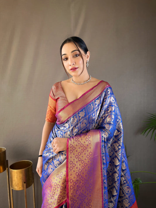 Royal Blue Pattu Silk Contrast Weaving Pallu And Border Saree