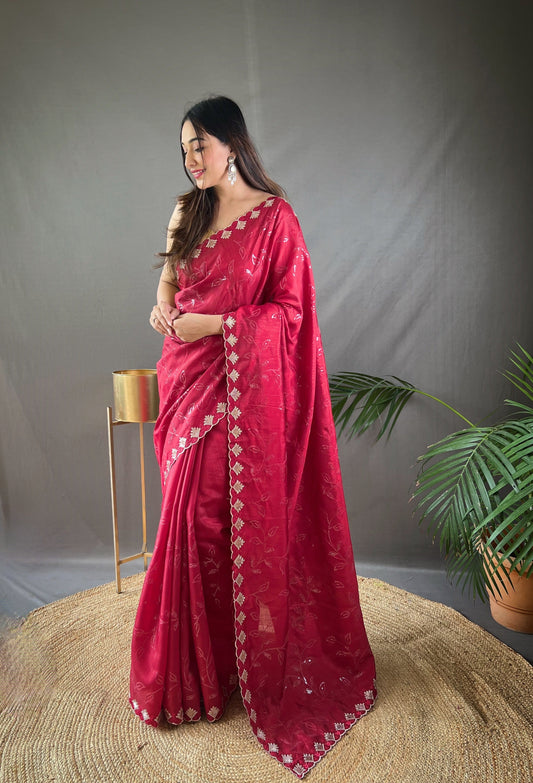 Red Color Floral Embroidered Silk Blend Saree