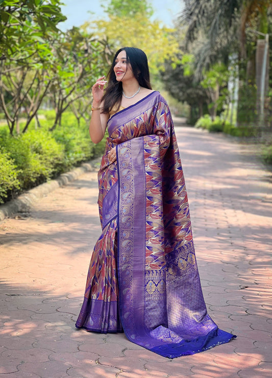 Voilet Kanchipattu Silk Saree With Contrast Weaving Border Design