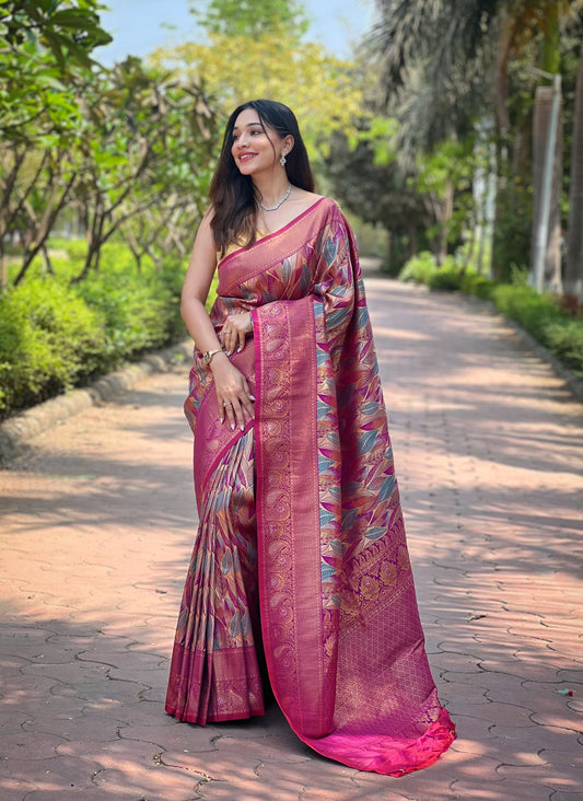Wine Kanchipattu Silk Saree With Contrast Weaving Border Design