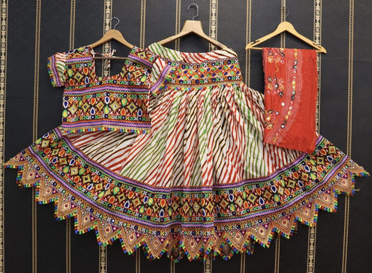 White Pure Cotton Pure Cotton Lehriya Real Mirror Work Fully Stiched Navratri Lehenga Choli